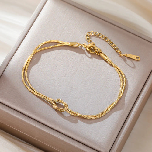 Double Snake Chain Love Knot Bracelet Stainless Steel Gold Color Adjustable Bracelets Women Men Couple Minimalist Jewelry
